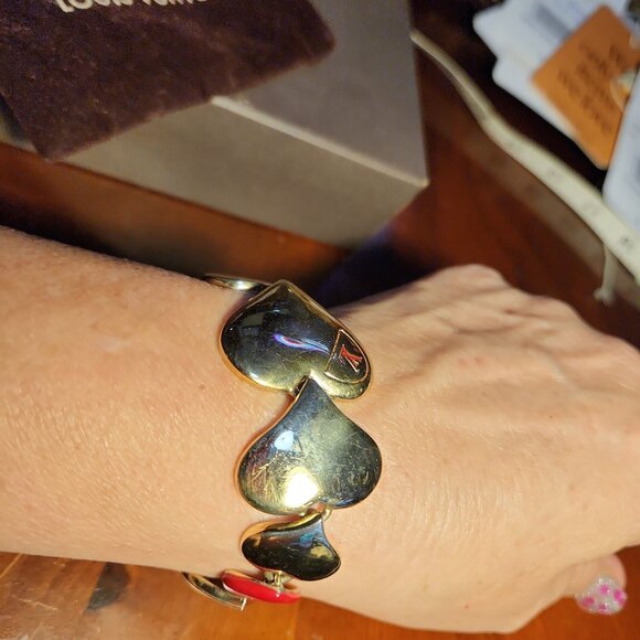 Auth Louis Vuitton Bracelet Gold Plated Red Enamel Passion Heart Link Motive - Picture 7 of 8